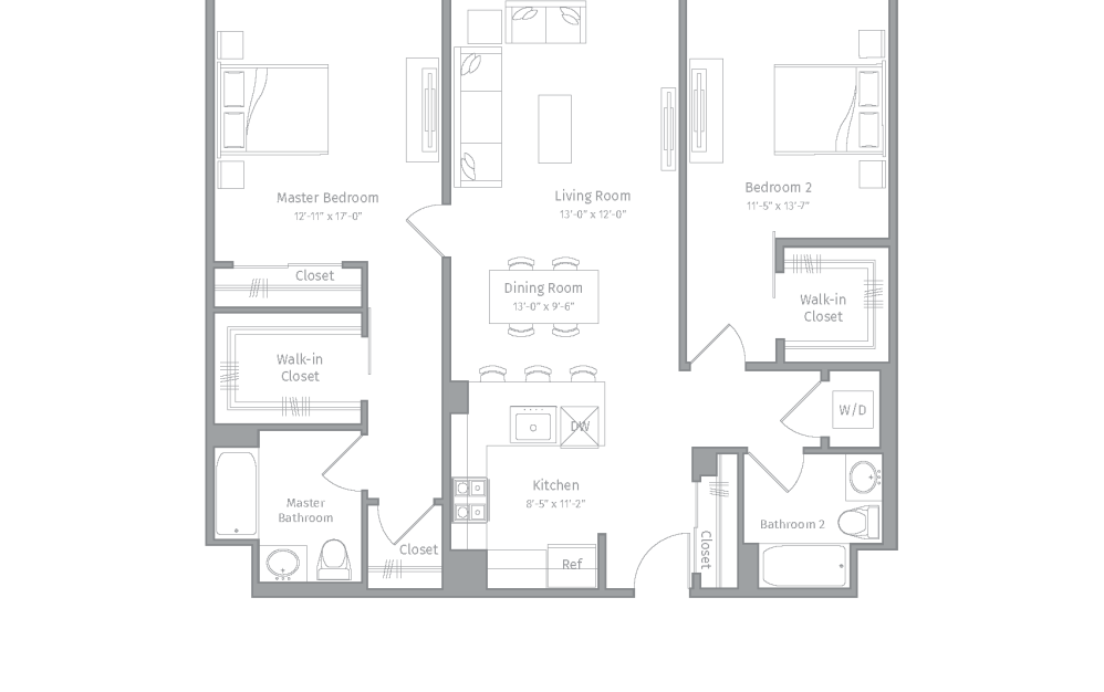 R-B10 - 2 bedroom floorplan layout with 2 bathrooms and 1244 square feet