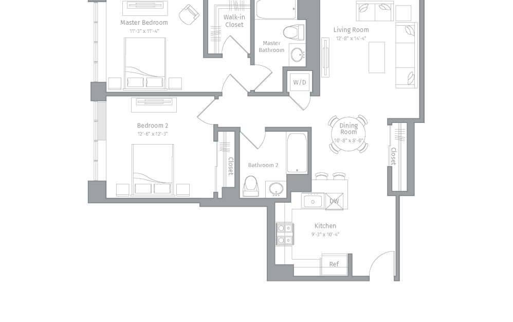 R-B4 - 2 bedroom floorplan layout with 2 bathrooms and 1097 square feet