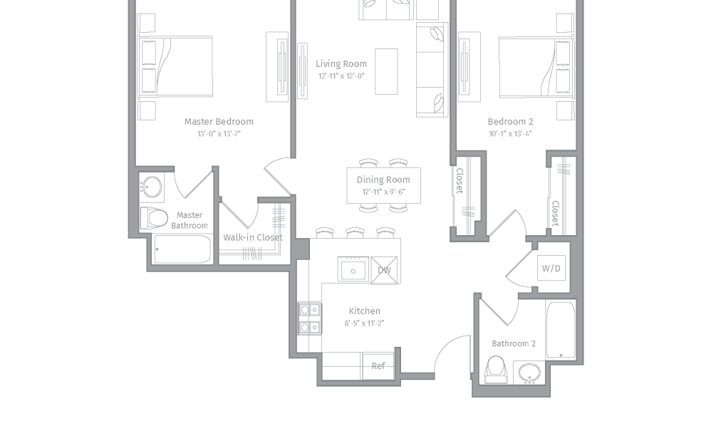 R-B5 - 2 bedroom floorplan layout with 2 bathrooms and 1105 square feet