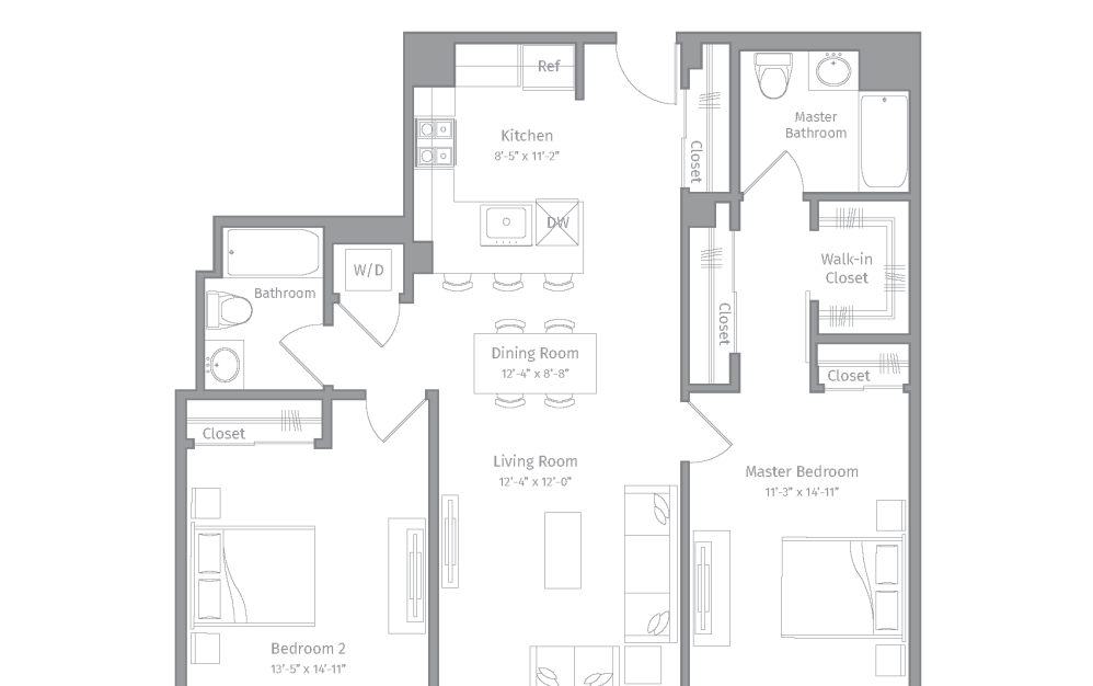 R-B6 - 2 bedroom floorplan layout with 2 bathrooms and 1108 square feet