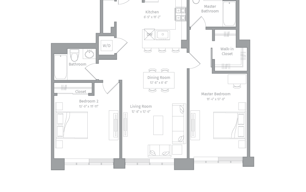 R-B7 - 2 bedroom floorplan layout with 2 bathrooms and 1149 square feet