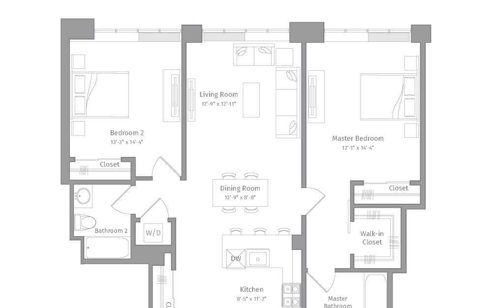 R-B9 - 2 bedroom floorplan layout with 2 bathrooms and 1205 square feet